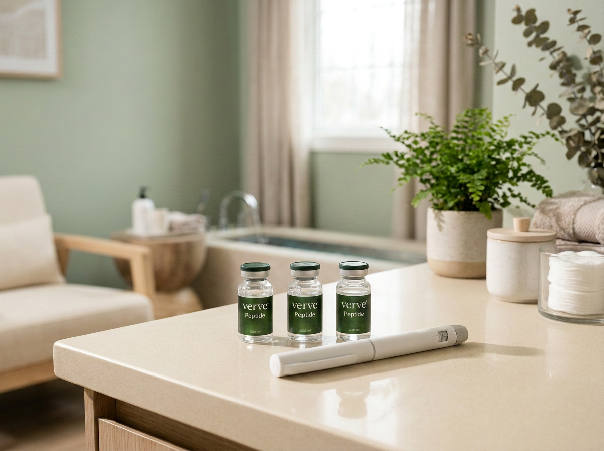 Vervé Wellness peptide vials and injection pen in a wellness suite